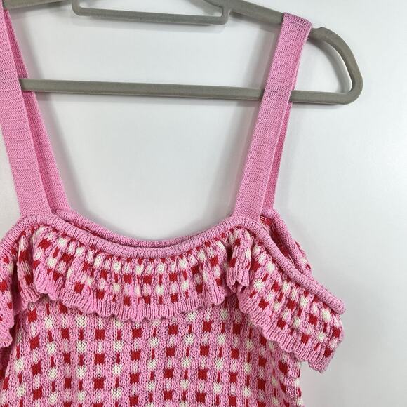 New Paid Crochet Entro Pink Red Knit Ruffle Crop Top Large Cotton Boho Kidscore - Picture 4 of 13